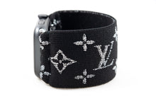 Load image into Gallery viewer, Sparkly Silver & Black LV Pattern Extra Wide Elastic Apple Watch Band - Hand-Stitched