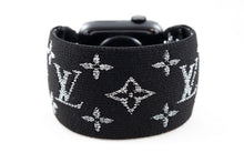 Load image into Gallery viewer, Sparkly Silver & Black LV Pattern Extra Wide Elastic Apple Watch Band - Hand-Stitched