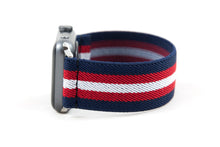 Load image into Gallery viewer, Blue Red & White Striped Elastic Apple Watch Band