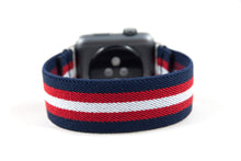 Load image into Gallery viewer, Blue Red & White Striped Elastic Apple Watch Band