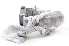 Load image into Gallery viewer, Grey Floral Apple Watch Scrunchie Band with Top Knot Bow