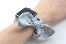 Load image into Gallery viewer, Grey Floral Apple Watch Scrunchie Band with Top Knot Bow