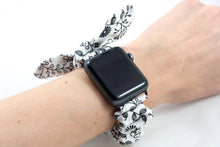 Load image into Gallery viewer, White Floral Apple Watch Scrunchie Band with Top Knot Bow - 38mm 42mm / 40mm 44mm Series 1 - 6 & SE