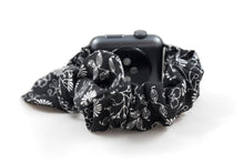 Load image into Gallery viewer, B&W Floral Apple Watch Scrunchie Band with Top Knot Bow