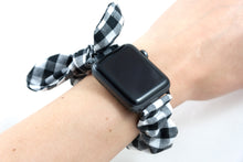 Load image into Gallery viewer, B&W Gingham Apple Watch Scrunchie Band with Top Knot Bow - 38mm 42mm / 40mm 44mm Series 1 - 6, SE