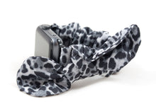 Load image into Gallery viewer, Gray Leopard Apple Watch Scrunchie Band with Top Knot Bow - 38mm 42mm / 40mm 44mm Series 1 - 6 & SE