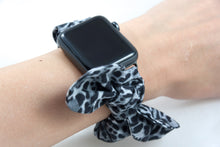 Load image into Gallery viewer, Gray Leopard Apple Watch Scrunchie Band with Top Knot Bow - 38mm 42mm / 40mm 44mm Series 1 - 6 & SE