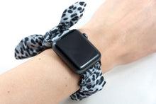 Load image into Gallery viewer, Gray Leopard Apple Watch Scrunchie Band with Top Knot Bow - 38mm 42mm / 40mm 44mm Series 1 - 6 & SE