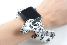 Load image into Gallery viewer, White Floral Apple Watch Scrunchie Band with Top Knot Bow - 38mm 42mm / 40mm 44mm Series 1 - 6 & SE