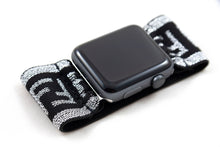 Load image into Gallery viewer, Elastic Apple Watch Band - Hand-Stitched - Sparkly Silver Black F Pattern Extra Wide Band - 38mm 42mm 40mm 44mm; All Series 1-6, SE