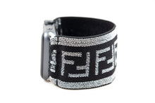 Load image into Gallery viewer, Elastic Apple Watch Band - Hand-Stitched - Sparkly Silver Black F Pattern Extra Wide Band - 38mm 42mm 40mm 44mm; All Series 1-6, SE