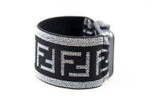 Load image into Gallery viewer, Elastic Apple Watch Band - Hand-Stitched - Sparkly Silver Black F Pattern Extra Wide Band - 38mm 42mm 40mm 44mm; All Series 1-6, SE