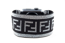 Load image into Gallery viewer, Elastic Apple Watch Band - Hand-Stitched - Sparkly Silver Black F Pattern Extra Wide Band - 38mm 42mm 40mm 44mm; All Series 1-6, SE