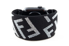 Load image into Gallery viewer, Elastic Apple Watch Band - Hand-Stitched - Sparkly Silver Black F Pattern Extra Wide Band - 38mm 42mm 40mm 44mm; All Series 1-6, SE