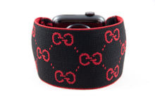 Load image into Gallery viewer, Elastic Apple Watch Band - Hand-Stitched - Black and Red GG Extra Wide Band - 38mm 42mm 40mm 44mm; All Series 1-6 & SE