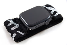 Load image into Gallery viewer, Elastic Apple Watch Band - Hand-Stitched - Sparkly Silver Black F Pattern Extra Wide Band - 38mm 42mm 40mm 44mm; All Series 1-6, SE