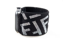 Load image into Gallery viewer, Elastic Apple Watch Band - Hand-Stitched - Sparkly Silver Black F Pattern Extra Wide Band - 38mm 42mm 40mm 44mm; All Series 1-6, SE