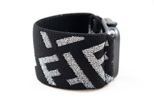 Load image into Gallery viewer, Elastic Apple Watch Band - Hand-Stitched - Sparkly Silver Black F Pattern Extra Wide Band - 38mm 42mm 40mm 44mm; All Series 1-6, SE
