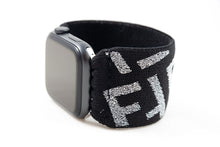 Load image into Gallery viewer, Elastic Apple Watch Band - Hand-Stitched - Sparkly Silver Black F Pattern Extra Wide Band - 38mm 42mm 40mm 44mm; All Series 1-6, SE