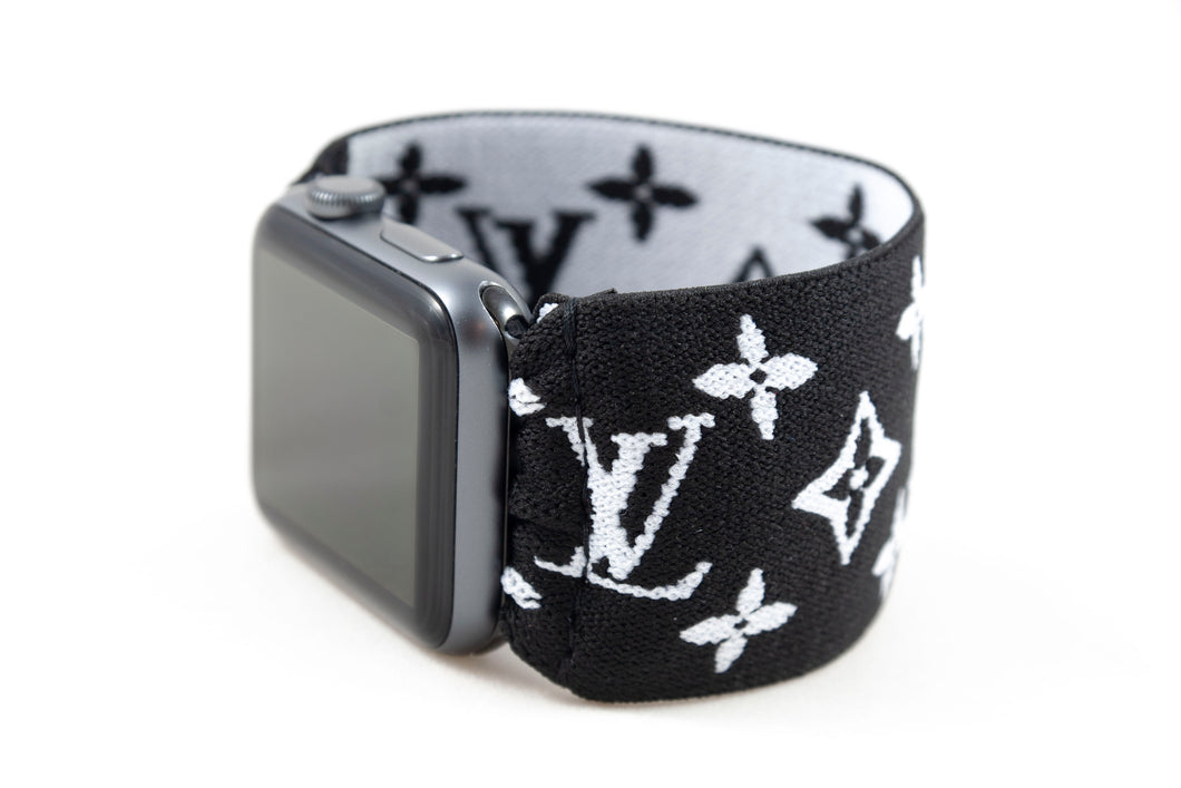 B&W LV Pattern Extra Wide Elastic Apple Watch Band - Hand-Stitched