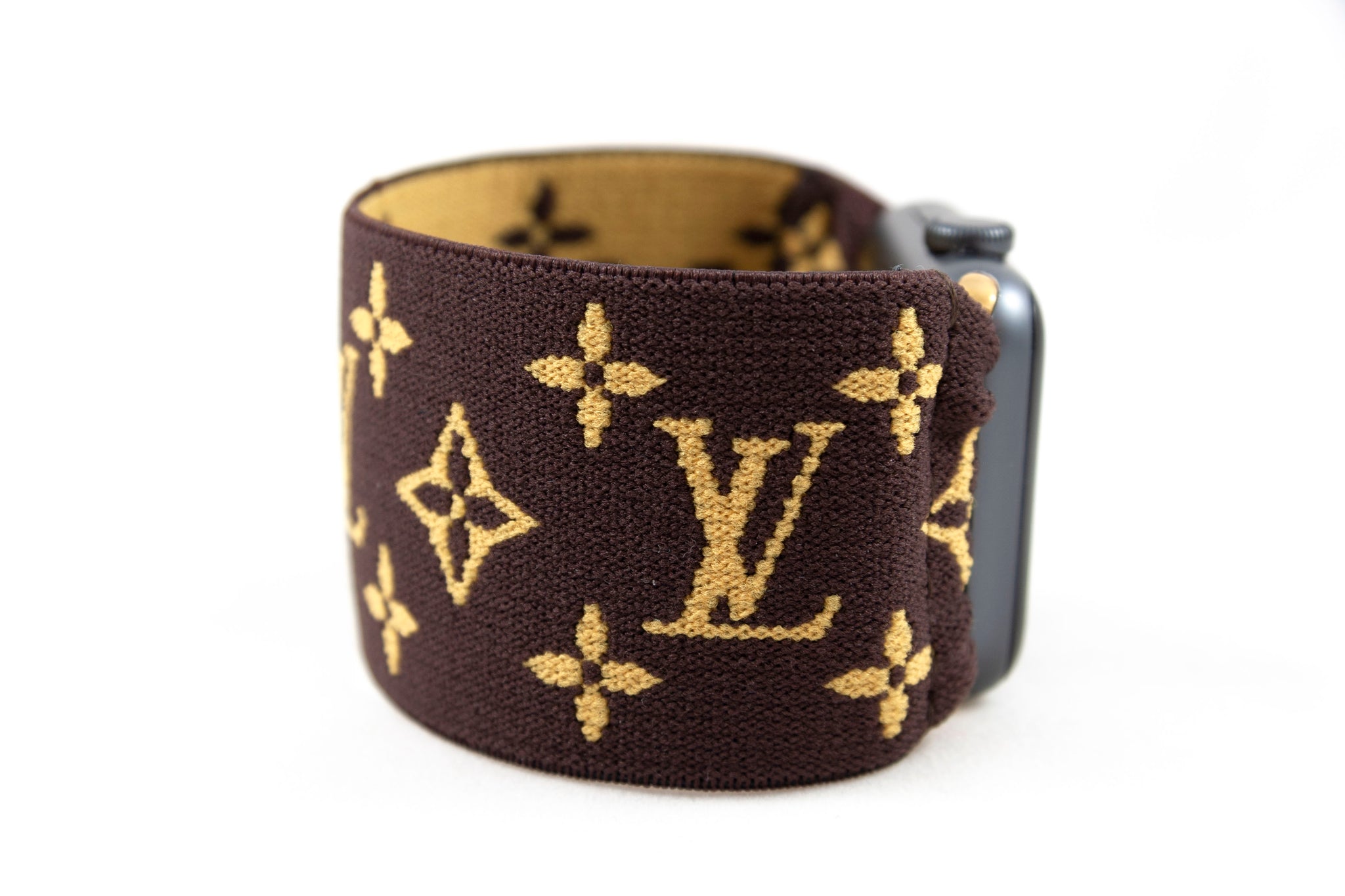 Brown LV Pattern Extra Wide Elastic Apple Watch Band - Hand