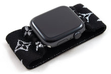 Load image into Gallery viewer, Sparkly Silver &amp; Black LV Pattern Extra Wide Elastic Apple Watch Band - Hand-Stitched
