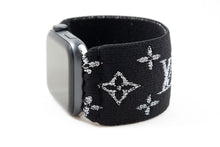 Load image into Gallery viewer, Sparkly Silver &amp; Black LV Pattern Extra Wide Elastic Apple Watch Band - Hand-Stitched
