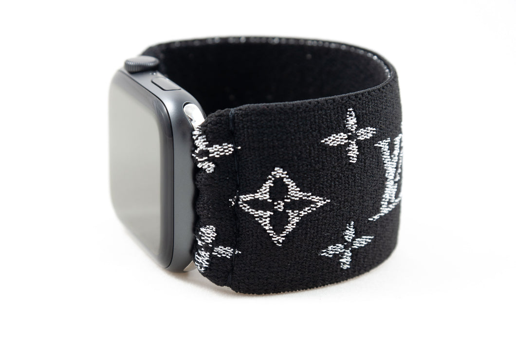 Sparkly Silver & Black LV Pattern Extra Wide Elastic Apple Watch Band - Hand-Stitched