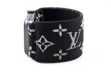 Load image into Gallery viewer, Sparkly Silver &amp; Black LV Pattern Extra Wide Elastic Apple Watch Band - Hand-Stitched
