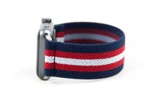 Load image into Gallery viewer, Blue Red &amp; White Striped Elastic Apple Watch Band
