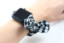 Load image into Gallery viewer, B&amp;W Gingham Apple Watch Scrunchie Band with Top Knot Bow - 38mm 42mm / 40mm 44mm Series 1 - 6, SE
