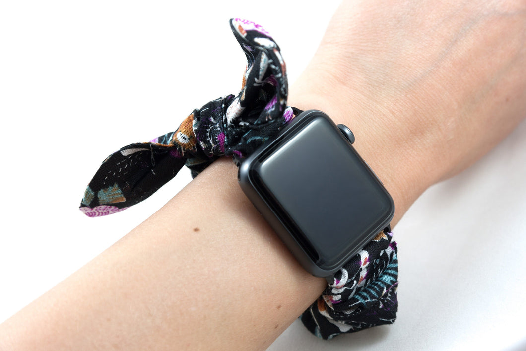 Exotic Floral Apple Watch Scrunchie Band with Top Knot Bow - 38mm 42mm / 40mm 44mm Series 1 - 6 & SE