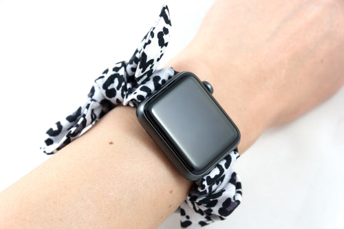 Snow Leopard Apple Watch Scrunchie Band with Top Knot Bow - 38mm 42mm / 40mm 44mm Series 1 - 6 & SE