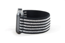 Load image into Gallery viewer, Black &amp; Silver Stripes Elastic Apple Watch Band
