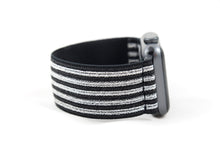 Load image into Gallery viewer, Black &amp; Silver Stripes Elastic Apple Watch Band
