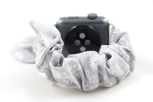 Load image into Gallery viewer, Grey Floral Apple Watch Scrunchie Band with Top Knot Bow
