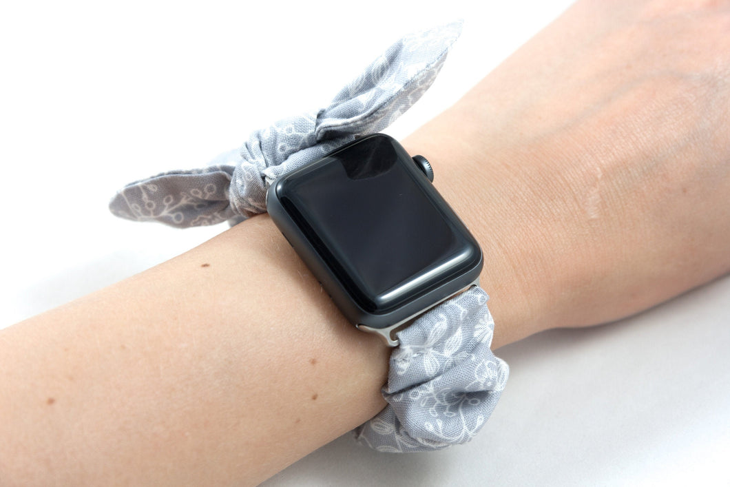 Grey Floral Apple Watch Scrunchie Band with Top Knot Bow
