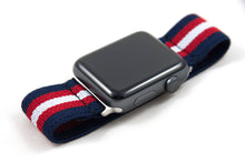 Load image into Gallery viewer, Blue Red &amp; White Striped Elastic Apple Watch Band
