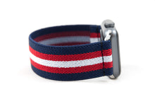 Load image into Gallery viewer, Blue Red &amp; White Striped Elastic Apple Watch Band
