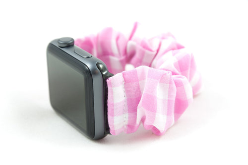 Pink Gingham Apple Watch Scrunchie Band - 38mm 42mm / 40mm 44mm Series 1 - 6 & SE