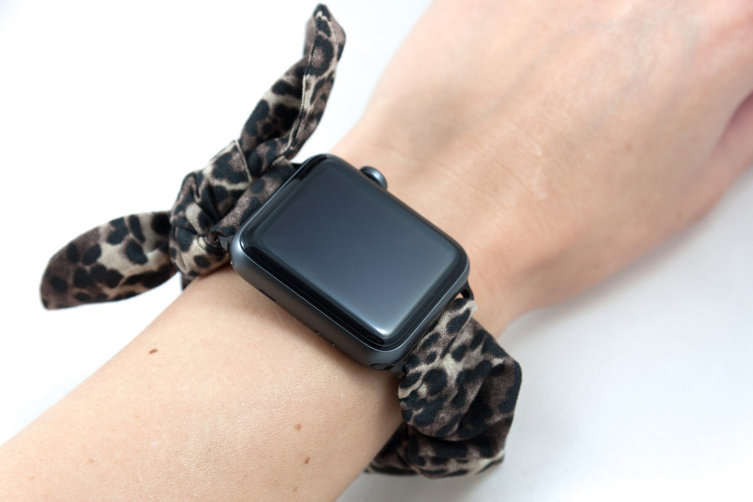 Leopard Apple Watch Scrunchie Band with Top Knot Bow