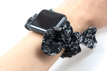 Load image into Gallery viewer, B&amp;W Floral Apple Watch Scrunchie Band with Top Knot Bow
