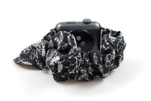 Load image into Gallery viewer, B&amp;W Floral Apple Watch Scrunchie Band with Top Knot Bow
