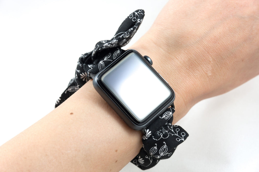 B&W Floral Apple Watch Scrunchie Band with Top Knot Bow