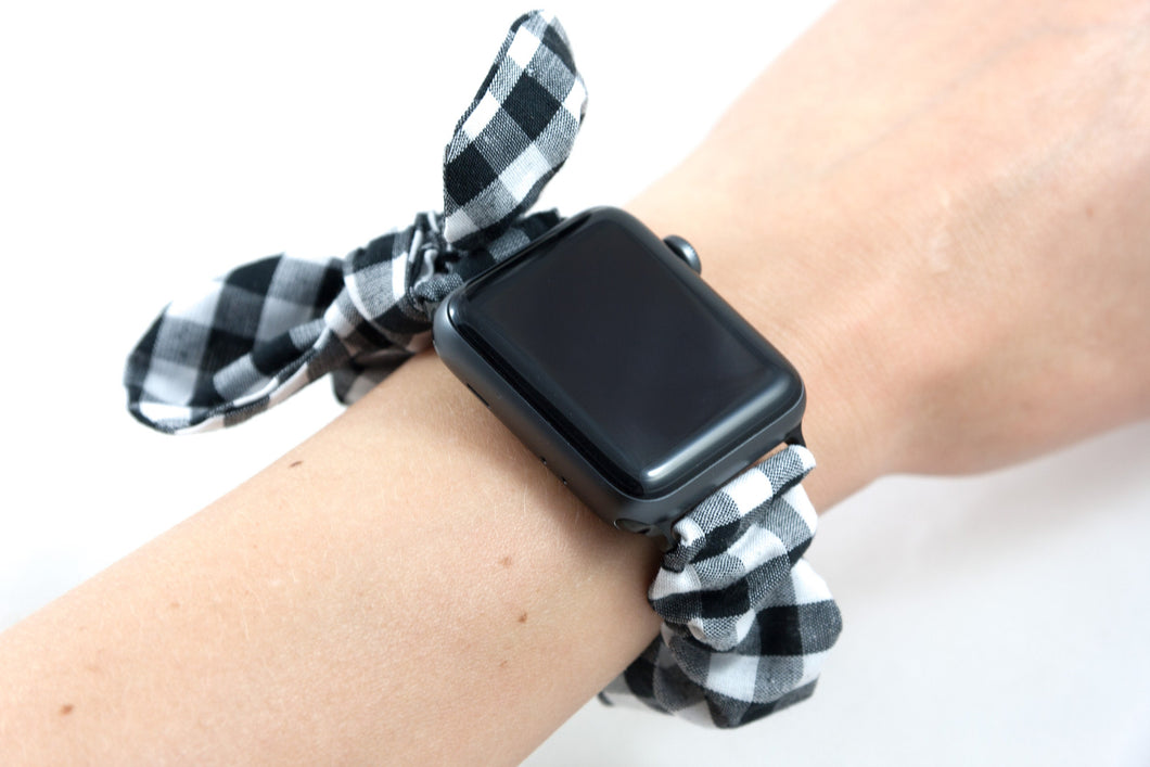 B&W Gingham Apple Watch Scrunchie Band with Top Knot Bow - 38mm 42mm / 40mm 44mm Series 1 - 6, SE