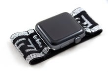 Load image into Gallery viewer, Elastic Apple Watch Band - Hand-Stitched - Sparkly Silver Black F Pattern Extra Wide Band  - 38mm 42mm 40mm 44mm; All Series 1-6, SE
