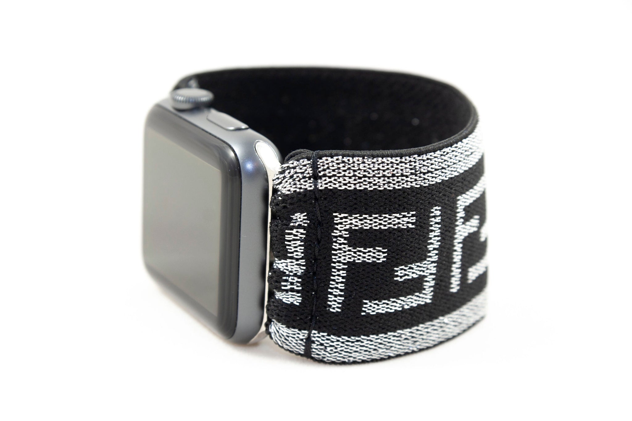 Sparkly Silver Black F Pattern Extra Wide Elastic Apple Watch Band -  Hand-Stitched