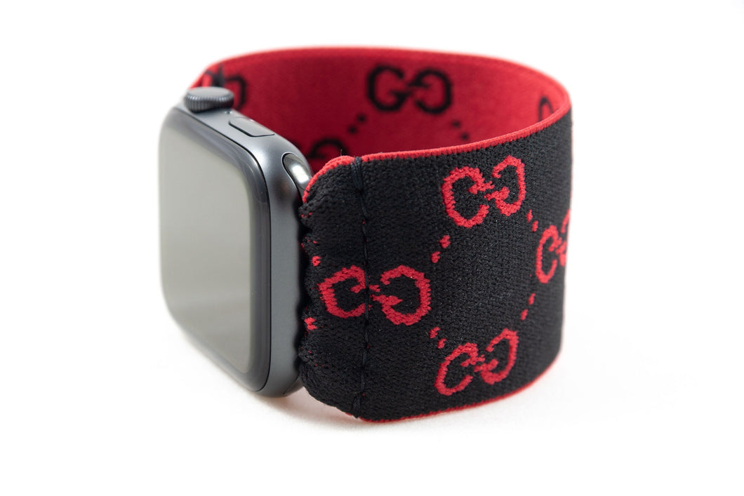 Elastic Apple Watch Band - Hand-Stitched - Black and Red GG Extra Wide Band  - 38mm 42mm 40mm 44mm; All Series 1-6 & SE